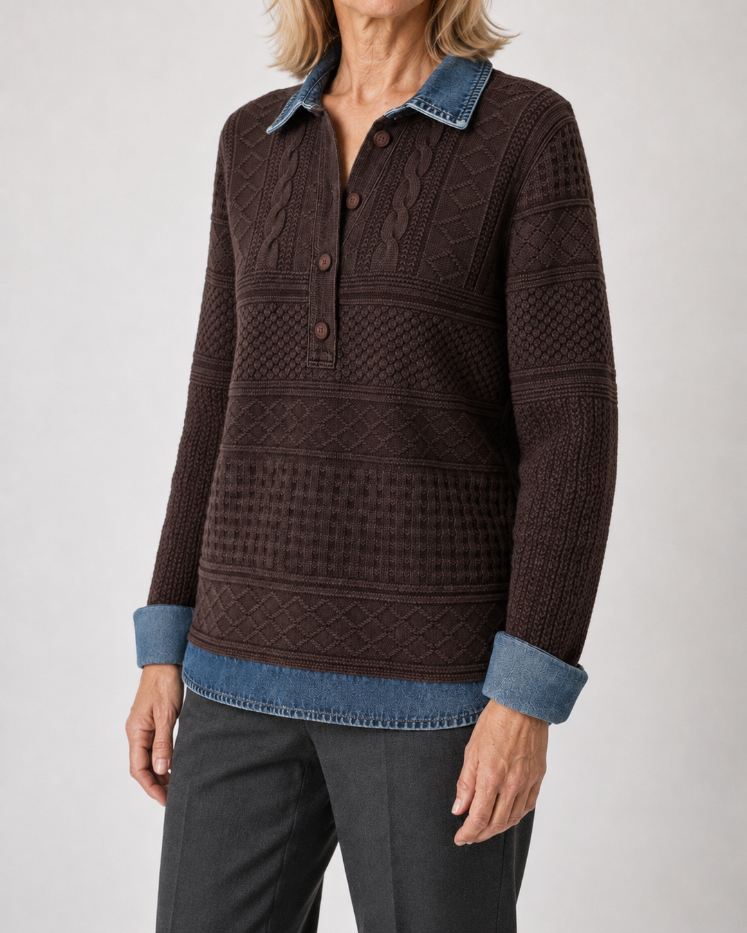 Freja | Strikbluse med denim-look