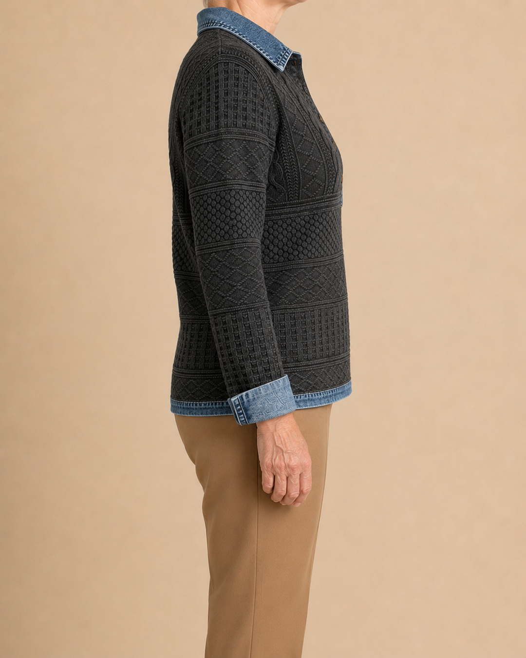 Freja | Strikbluse med denim-look