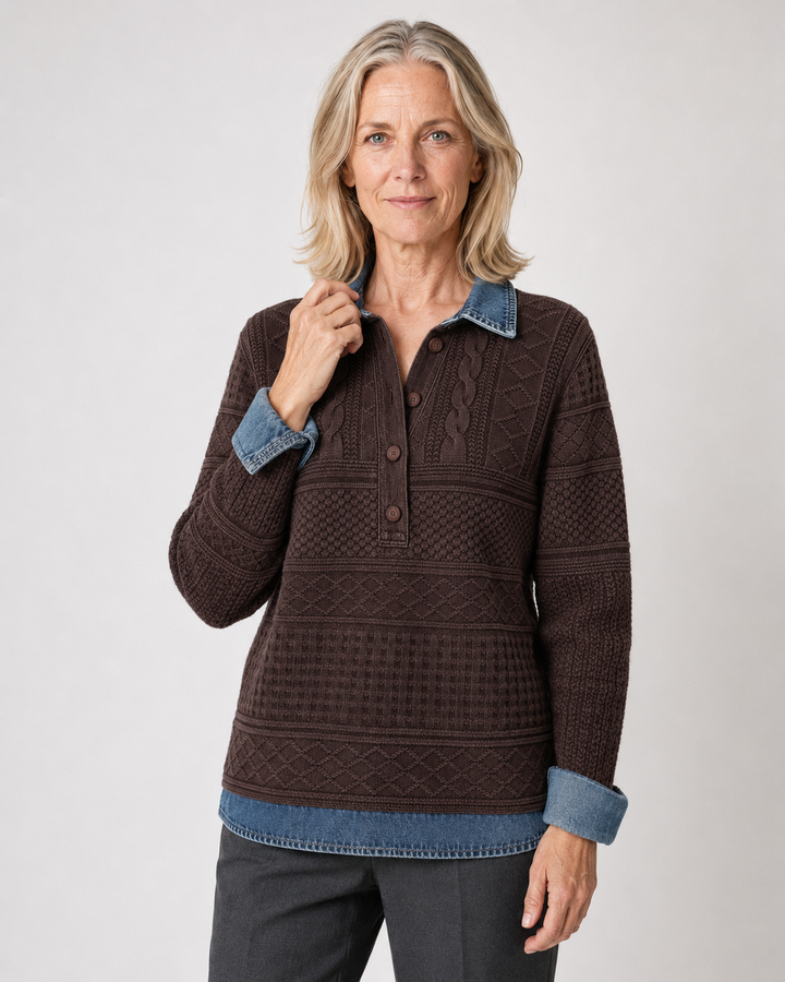 Freja | Strikbluse med denim-look
