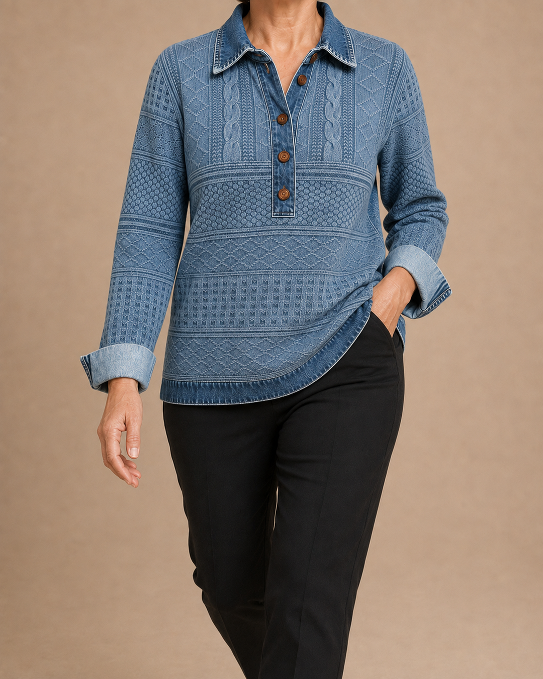 Freja | Strikbluse med denim-look
