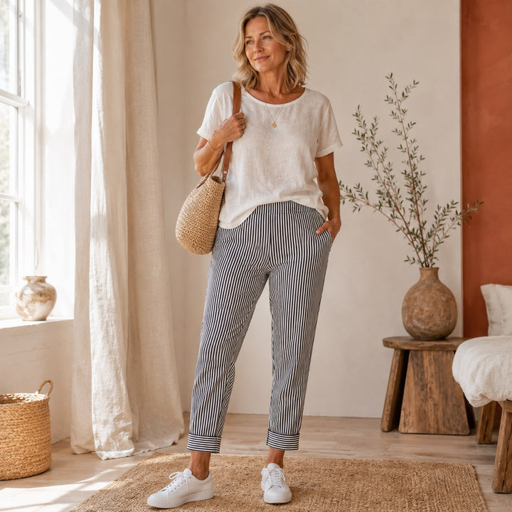 Maren | Stribet cropped buks med ombukket kant