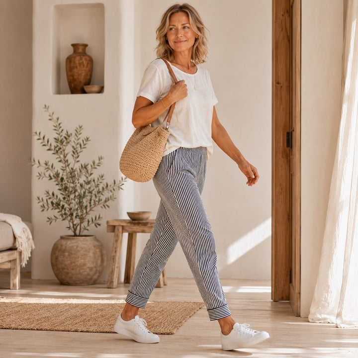 Maren | Stribet cropped buks med ombukket kant