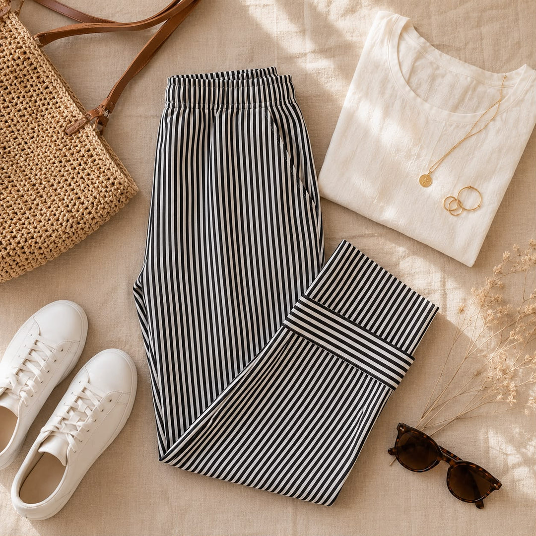 Maren | Stribet cropped buks med ombukket kant
