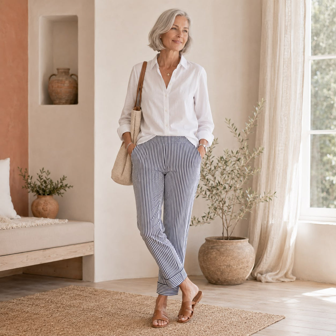 Maren | Stribet cropped buks med ombukket kant