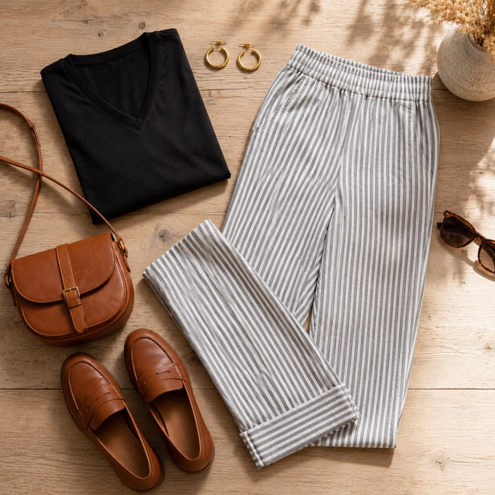Maren | Stribet cropped buks med ombukket kant
